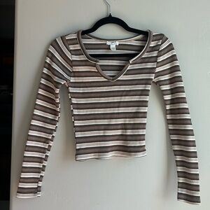 Full Tilt Y2K Ribbed Stripe Crop Top Brown Neutral Baby Tee L Soft Grunge